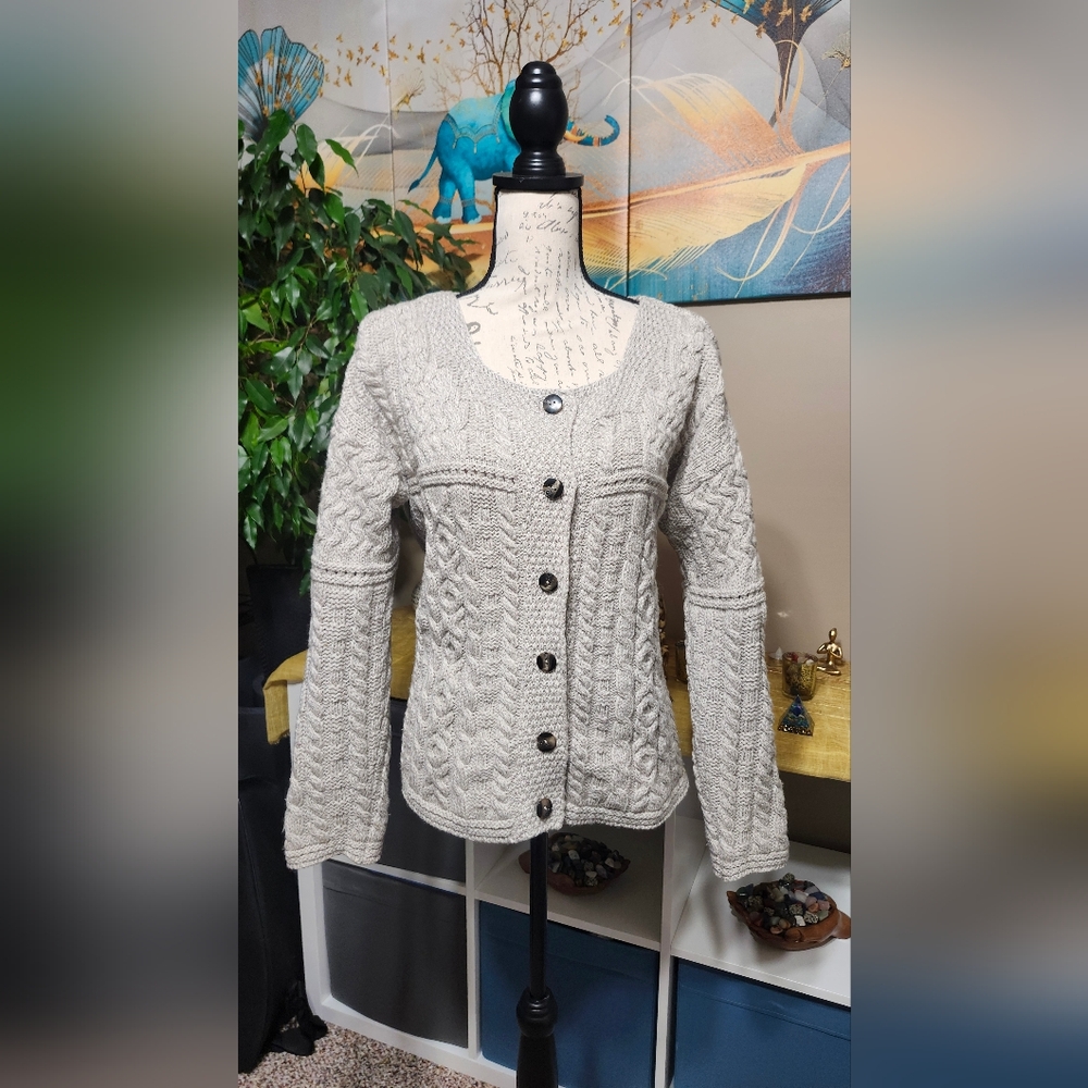 Inis Crafts Women's XL Cable Knit Cardigan Sweater 100% Wool Made in Ireland